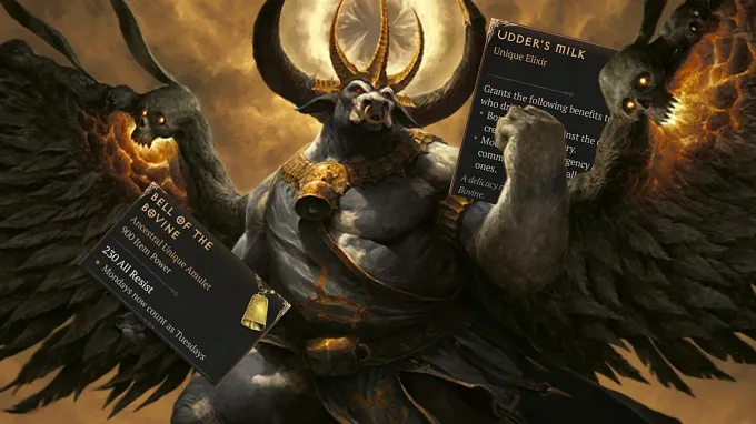 Diablo 4 Moophisto boss holding Udder's Milk and Bell of the Bovine