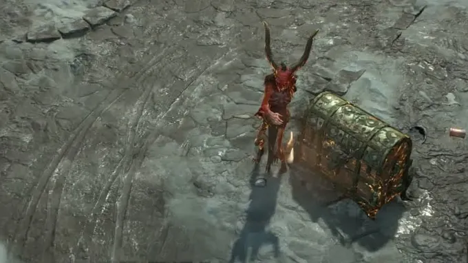 Mraz the dancing demon in diablo 4 next to a chest, waiting to skip your content