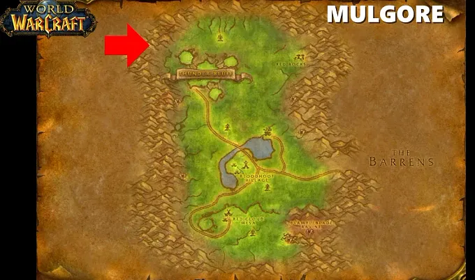 WoW Classic Mulgore map pointing at the top left where the Skywatch Plateau is missing
