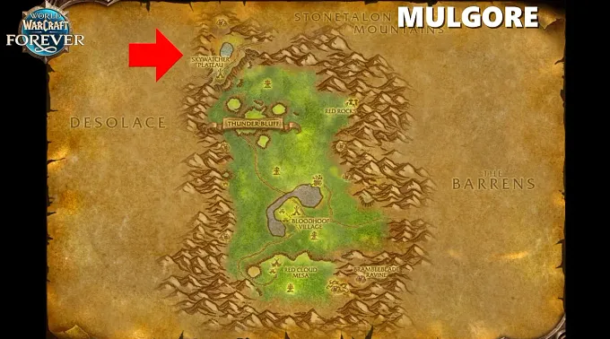 WoW Forever Map showing the Mulgore zone and pointing at the top left where the Skywatch Plateau now is