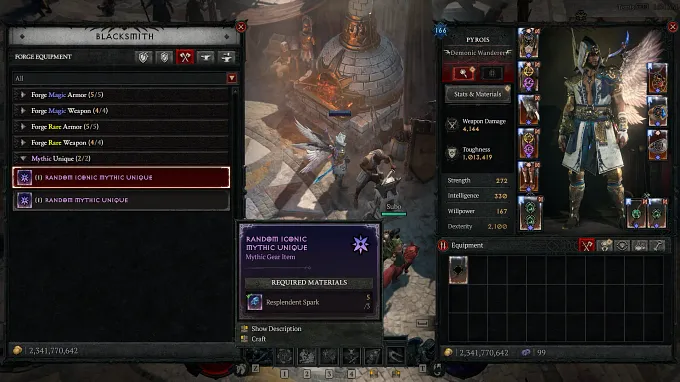 Diablo 4 Mythic crafting at the Blacksmith showing the two new caches