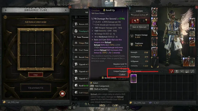 Diabo 4 Mythic cube crafting showing the crafted tag on the mythic item