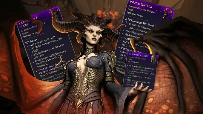 Diablo 4 Mythic crafting with lilith holding mythics