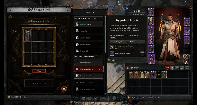 Diablo 4 Season 15 PTR Horadric Cube showing the Upgrade to Mythic recipe that turns an Ancestral Unique into a Mythic item