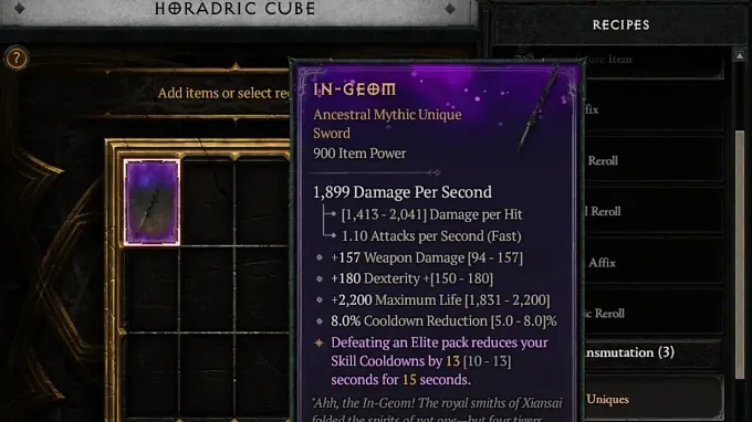 Diablo 4 Horadric Cube recipe mythic result giving an In-Geom Mythic Unique
