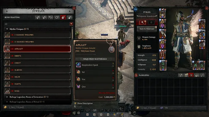 Diablo 4 Jeweler Mythic crafting items showing the required runes and sparks