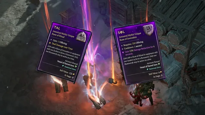 Diablo 4 Mythic TAL and SOL Runes in front of mythic and unique beams from items on the ground