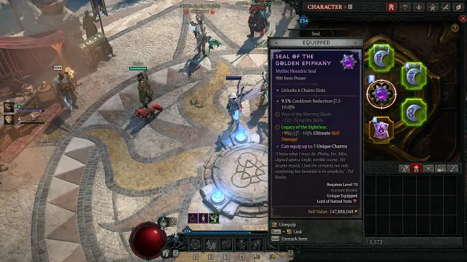 Diablo 4 character inventory on the seal and charm tab, showing a mythic seal that grants 3 Unique slots