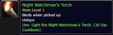 WoW Forever tooltip of the Night Watchman's Torch showing the item level, type, and use