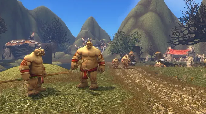 WoW Forever Riverglades zone at the Bolder'ok clan with little houses in the background, ogres walking down a path, and two more Ogres in the front, including one with 2 heads