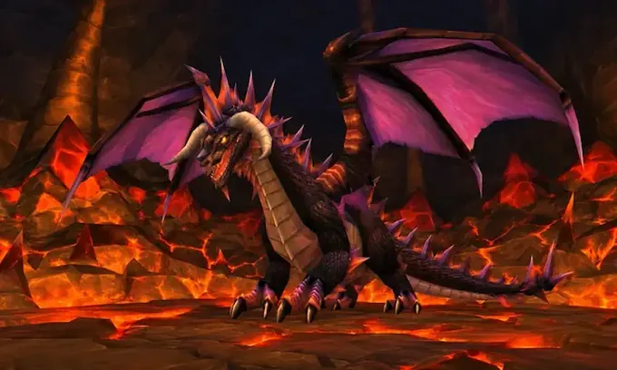 WoW Forever Onyxia dragon inside onyxia's lair, in the middle of burning lava rocks