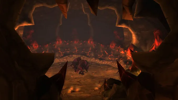 WoW Forever Onyxia's Lair in a cave full of lava and burning rocks and a dragon in the middle, waiting