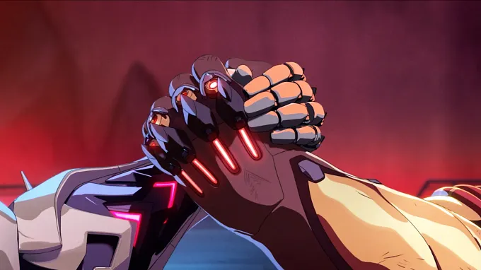 Doctrine and Doomfist locked in an arm-wrestling grip in a still from an Overwatch trailer, with Doctrine’s clawed cybernetic hand glowing red on the left and Doomfist’s armored gauntlet on the right, against a dark red background.