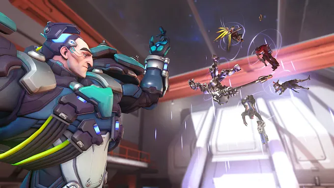 Sigma using his Gravitic Flux ultimate in Overwatch, lifting a group of enemy heroes, including Mercy, helplessly into the air.