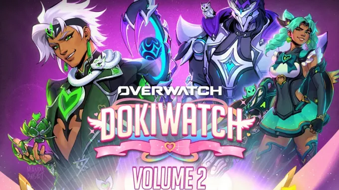Overwatch cover for Dokiwatch volume 2 showing Lifeweaver with his new skin and various other characters with new skins