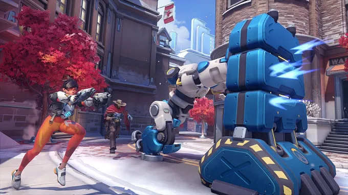 Overwatch Tracer and Cassidy escorting a Robot ot its destination