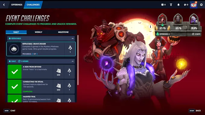 Overwatch Mystery Madness week one reward details showing daily, weekly and milestone progress