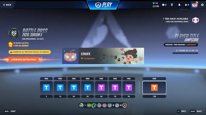 Overwatch Season 5 Battle Pass on the Title tier showing the legendary title Jumpscare