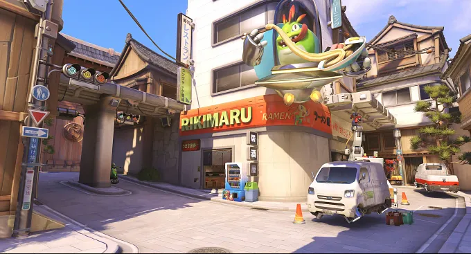 Overwatch Hanamura map in front of the Rikimaru ramen shop