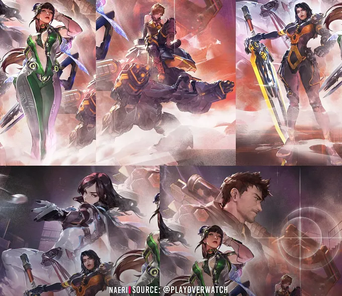 Overwatch Stellar Blade cosmetic details for Widowmaker, D.va, Vendetta, Soldier, and Freja