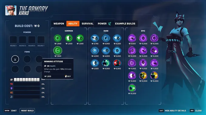 Overwatch armory inventory with Kiriko's weapons, abilities, powers, and example builds