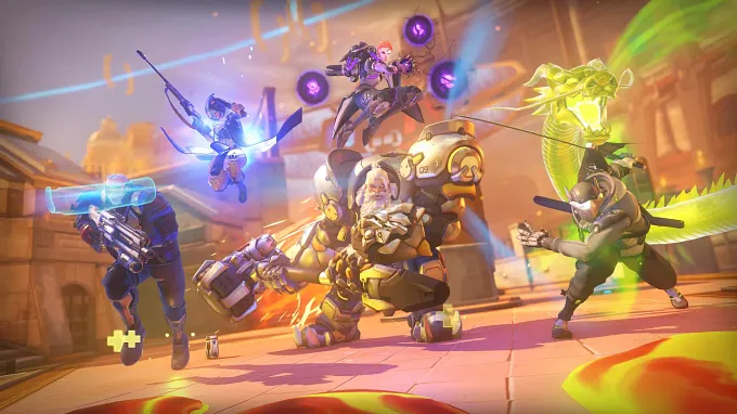 Overwatch Stadium art key with Soldier, Ana, Moira, Reinhart, and Genji