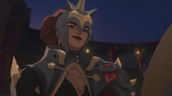Overwatch Vendetta in armor smiling, from the animated short about the end of the Reign of Talon