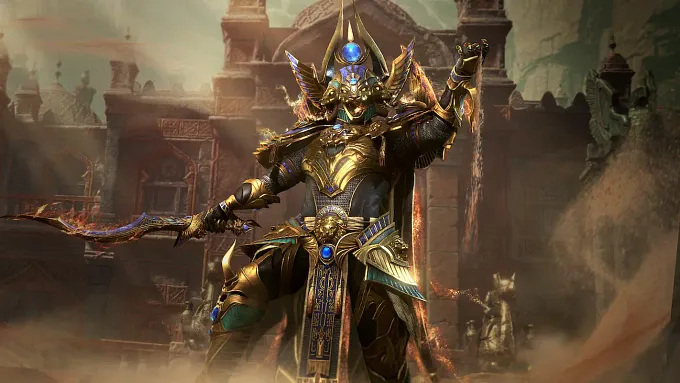 Diablo 4 Paladin wearing an egyptian themed cosmetic standing in the desert with his sword held high