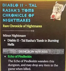 Diablo 4 Season 15 Nightmare Dungeon Sigil leading to a Diablo 2 Dungeon with the Pindleskin affixe