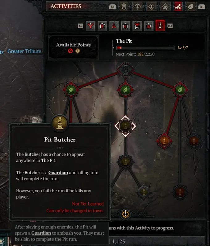 Diablo 4 Pit War Plan showing the node with the Butcher invading Pits