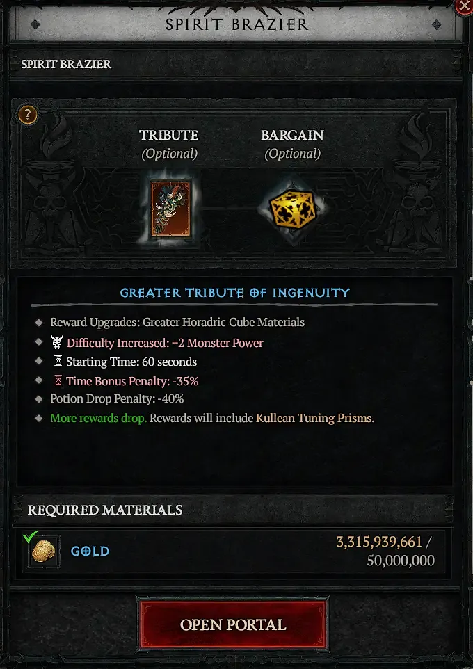 Diablo 4 Undercity meny showing a tribute placed in with the kullean prism bonus bargain