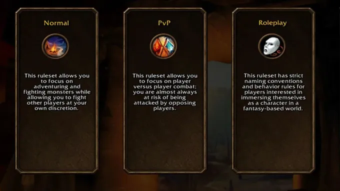 WoW Forever ruleset showing PvE, PvP, and Roleplay servers