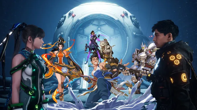 Overwatch collab with Stellar Blade, with two Stellar Blade characters in the front, and multiple Overwatch characters coming out of the pod in the background