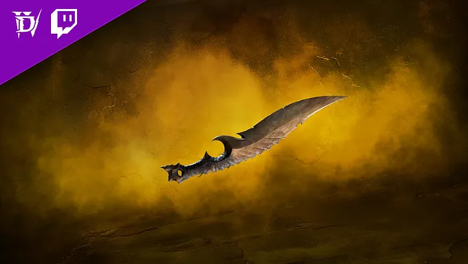 Diablo IV Twitch Drops promo image showing the Serrated Skean dagger, a curved bone-like blade, against a gold cloudy background with the Diablo IV and Twitch logos