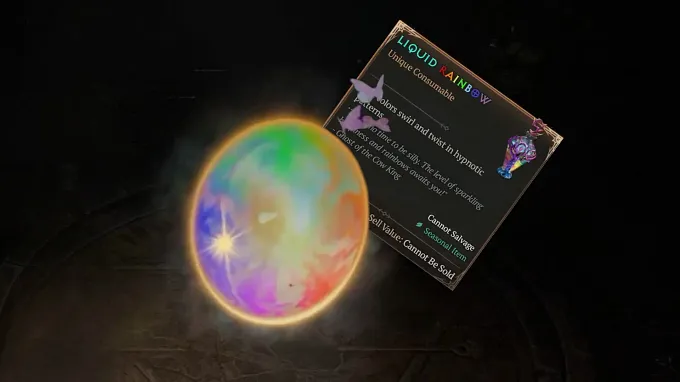 Diablo 4 Whimsyshire cosmetic town portal with rainbow colors and butterflies flying on top right of it and a liquid rainbow hiding behind