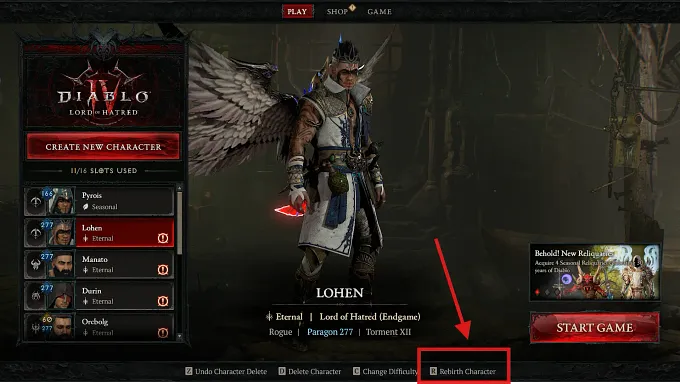 Diablo 4 character menu with multiple character and an arrow indicating down in the middle for the Rebirth option location