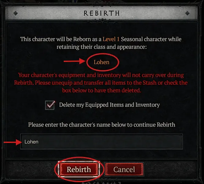 Diablo 4 Rebirth option, how to move your character over to seasonal