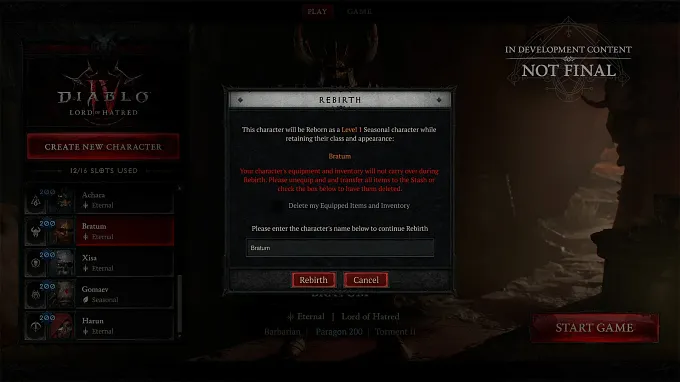 Diablo 4 Rebirth dialog confirming an Eternal character will be reborn as a Level 1 Seasonal character, keeping its class and appearance