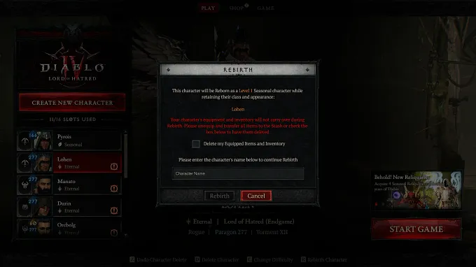 Diablo 4 Rebirth pop-up screen showing the different rules that take place when you use Rebirth