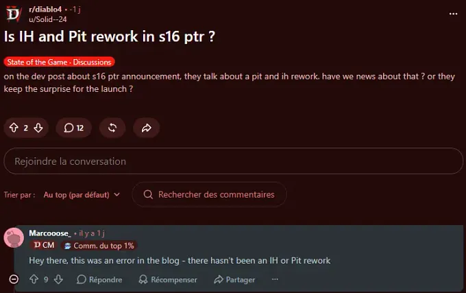 Diablo 4 Reddit with a post about infernal hordes and pit reworks in PTR, and the answer from Blizzard's CM