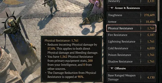 Diablo 4 in game menu showing all the different Elemental Resistances you can have