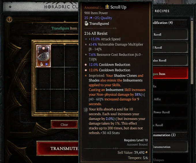 Diablo 4 Transfiguration at the Cube with a Ring that did not end up being unmodifiable