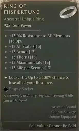 Diablo 4 Ring of Fortune tooltip of the item