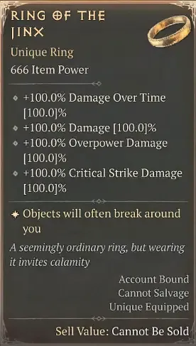 Diablo 4 Ring of the Jinx tooltip of the item