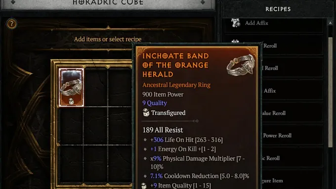 Diablo 4 Horadric Cube menu with a Ring Transfigured showing the bonus it obtained