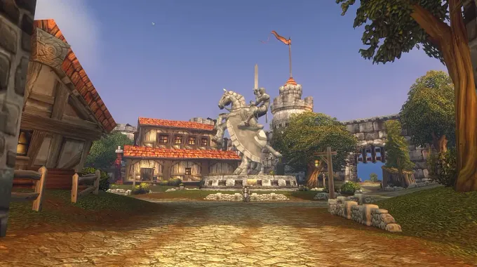 WoW Forever Riverglades zone with a town and a statue in the middle of the Brotherhood of the Horse