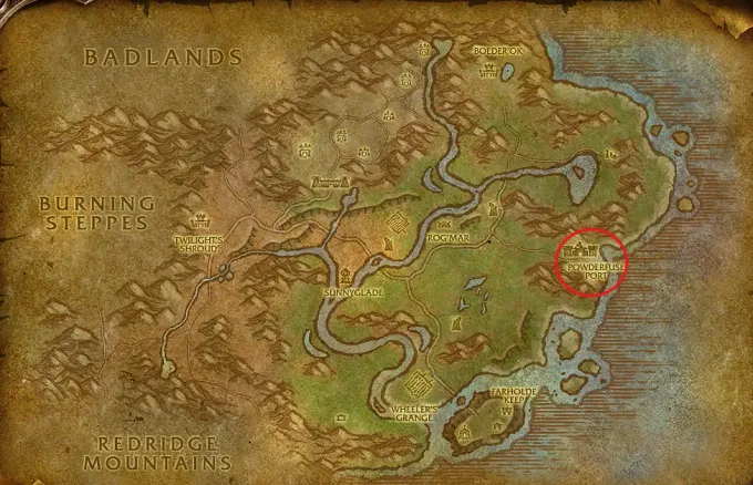 WoW Forever map of the Riverglades indicating the location of the Goblin settlement called Pwderfuse Port