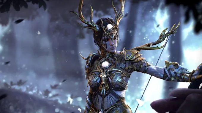 Diablo 4 image of a Rogue "spirit" cosmetic with antlers and holding a bow in the middle of a forest