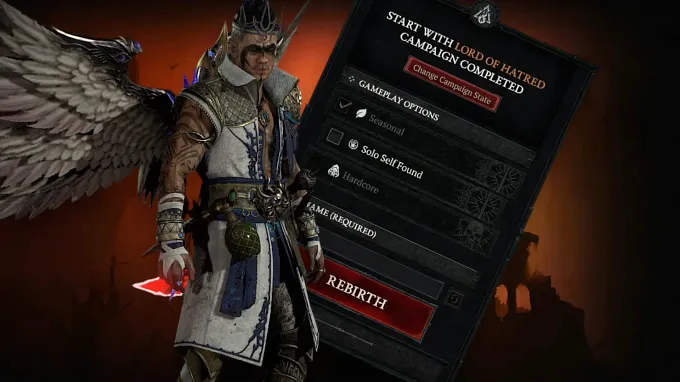 Diablo 4 Rebirth menu page hidden behind a Rogue character