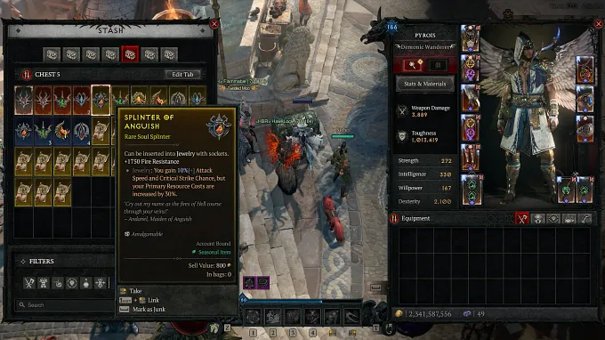 Diablo 4 Season 15 example of multiple Splinters on a Rogue character
